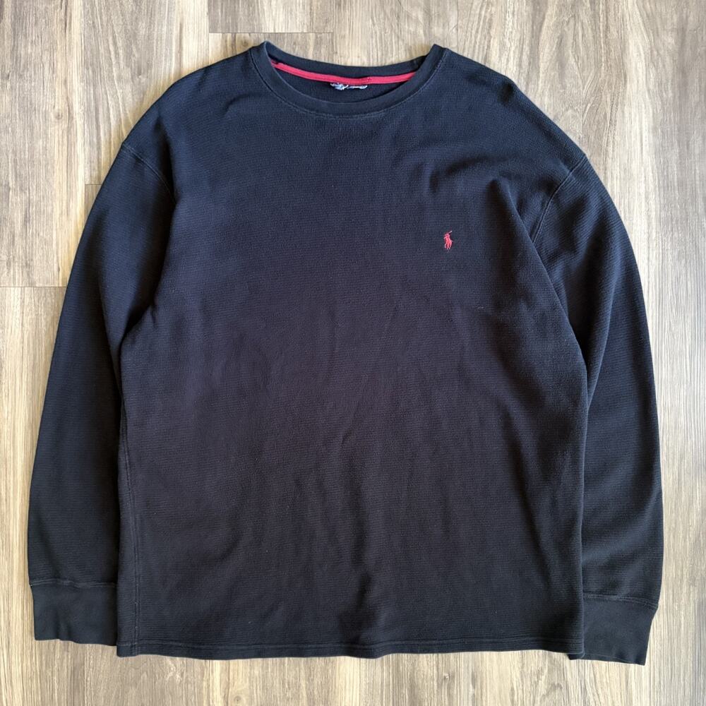 Vintage Polo Ralph Lauren Thermal Shirt Men's Size L Black Waffle Knit